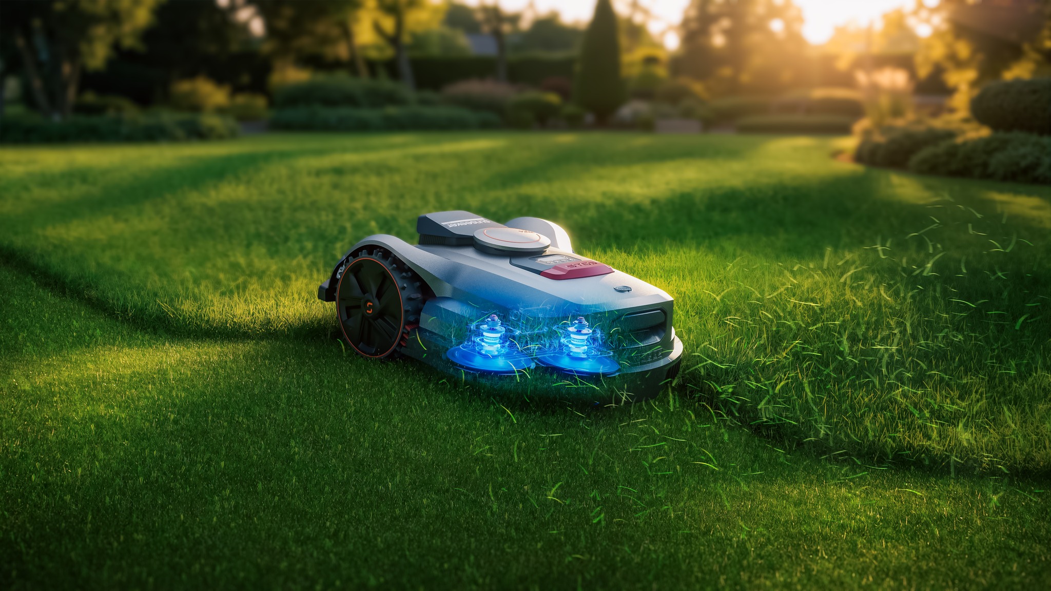 Robot Cedrus Sunseeker Elite X7 Gen 2 wyposażony w dwie tarcze tnące, wysokość koszenia regulowana jest elektrycznie Robot Cedrus Sunseeker Elite X7 Gen 2 wyposażony w dwie tarcze tnące, wysokość koszenia regulowana jest elektrycznie